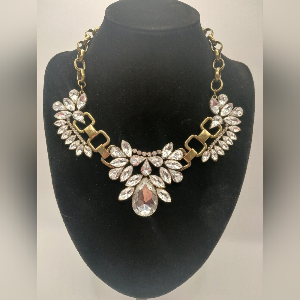 Large Brass Tone With Clear Crystals Bib Style  Statement Necklace 9 - 11"